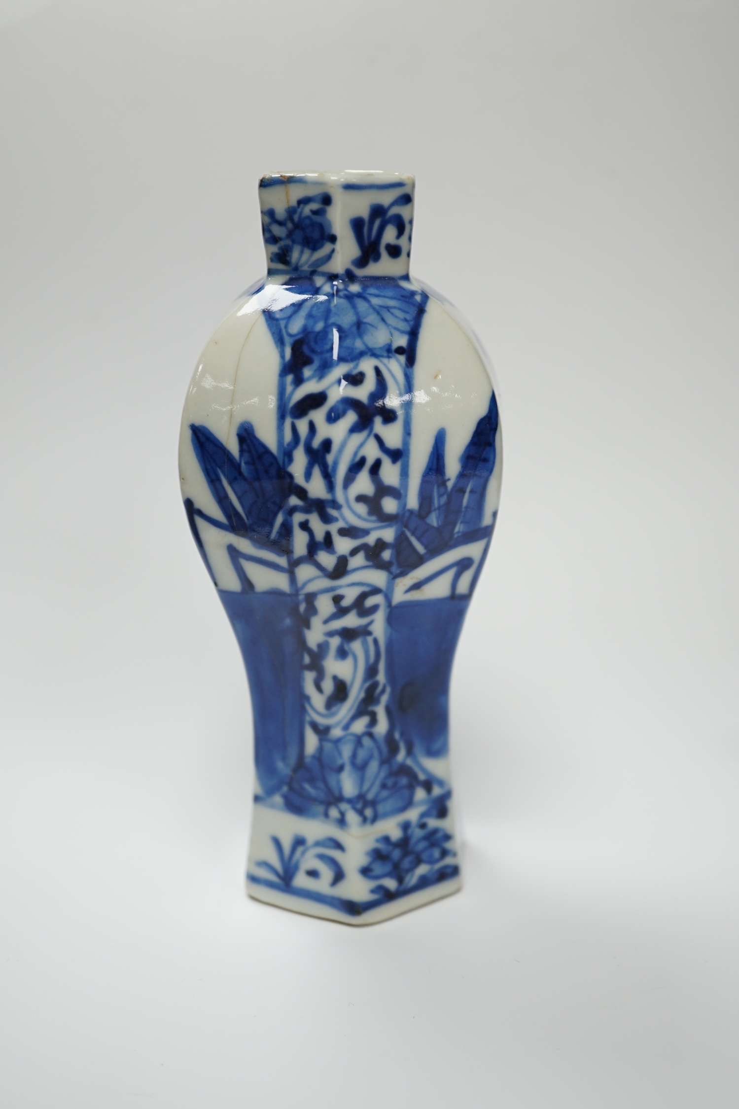 A small Chinese blue and white hexagonal vase, 19th century, 14cm